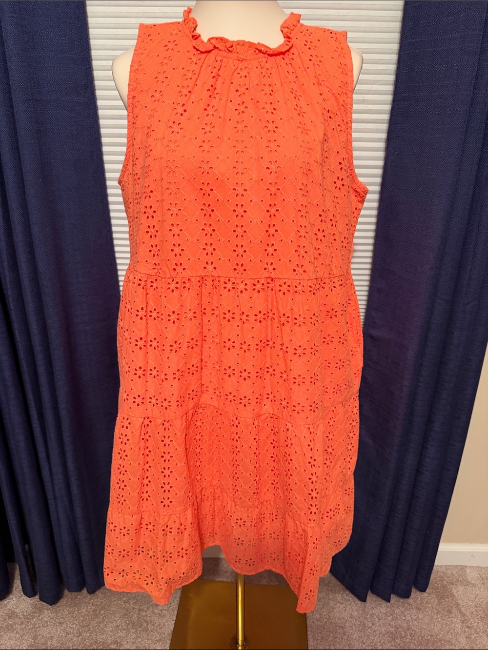 LOFT Bright Orange Lined Eyelet Ruffle-Neck Tiered Dress